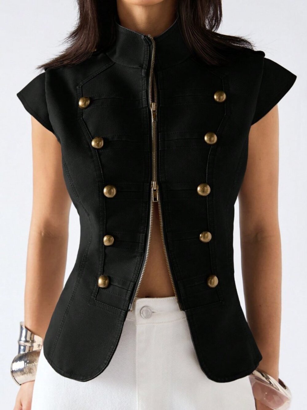 Black Elegant Women's Minimalist Stand Collar Jacket vest